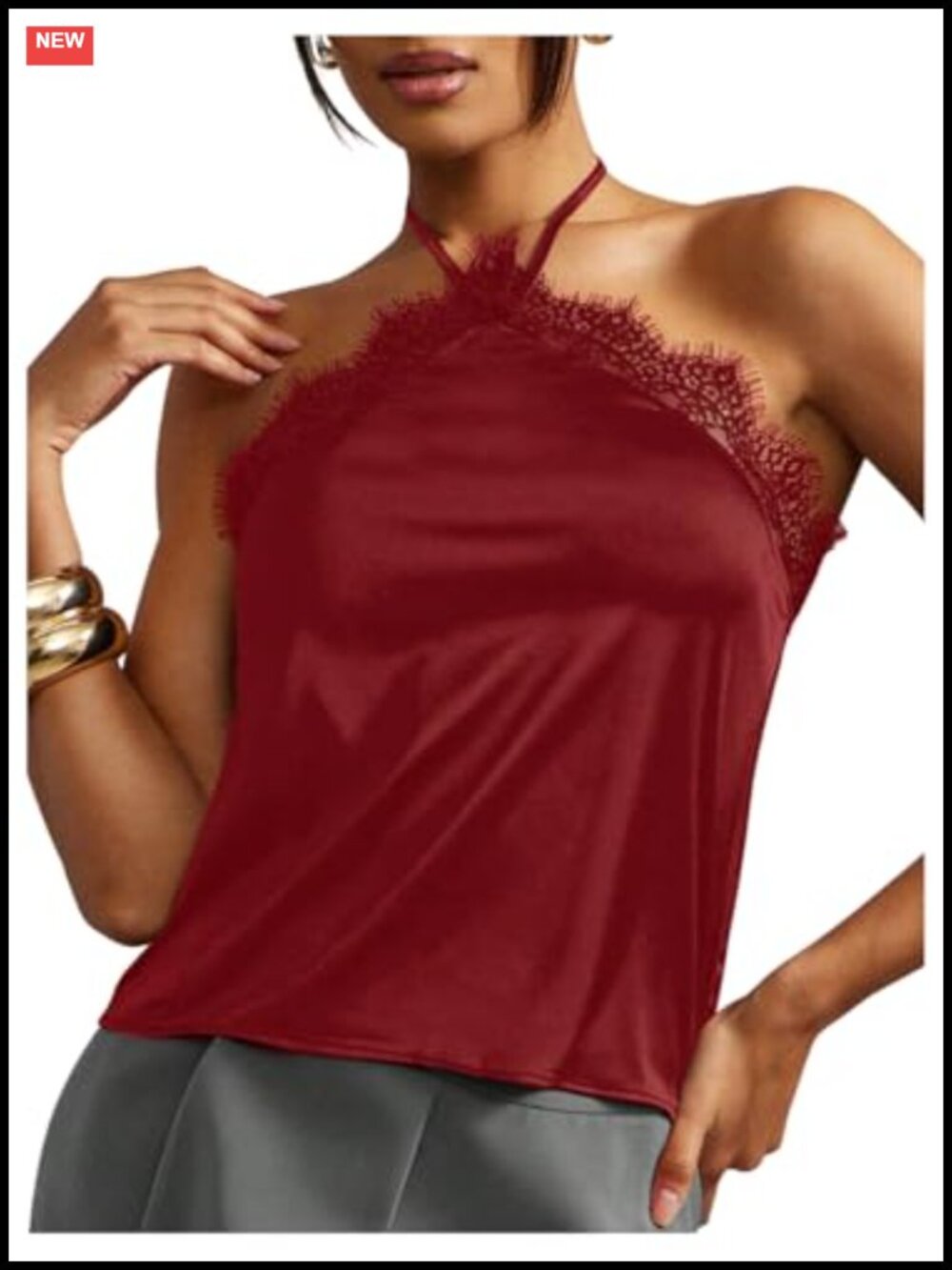Satin Silk Lace Halter Tank Top Tie Back Sleeveless Going Out Dressy
